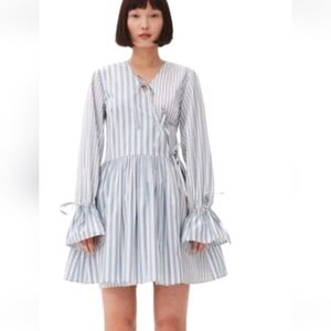 GANNI New Blue White Striped Organic Cotton Mini Wrap Dress 300.00